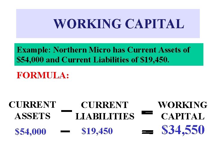 WORKING CAPITAL Example: Northern Micro has Current Assets of $54, 000 and Current Liabilities