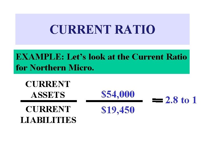 CURRENT RATIO EXAMPLE: Let’s look at the Current Ratio for Northern Micro. CURRENT ASSETS