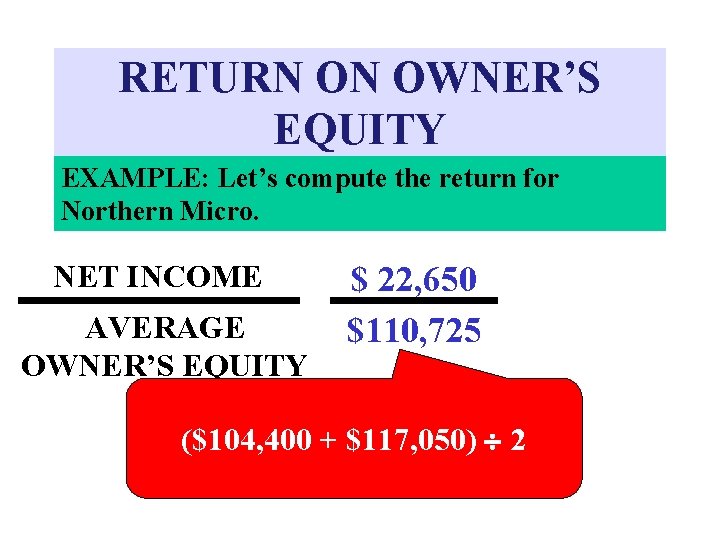 RETURN ON OWNER’S EQUITY EXAMPLE: Let’s compute the return for Northern Micro. NET INCOME