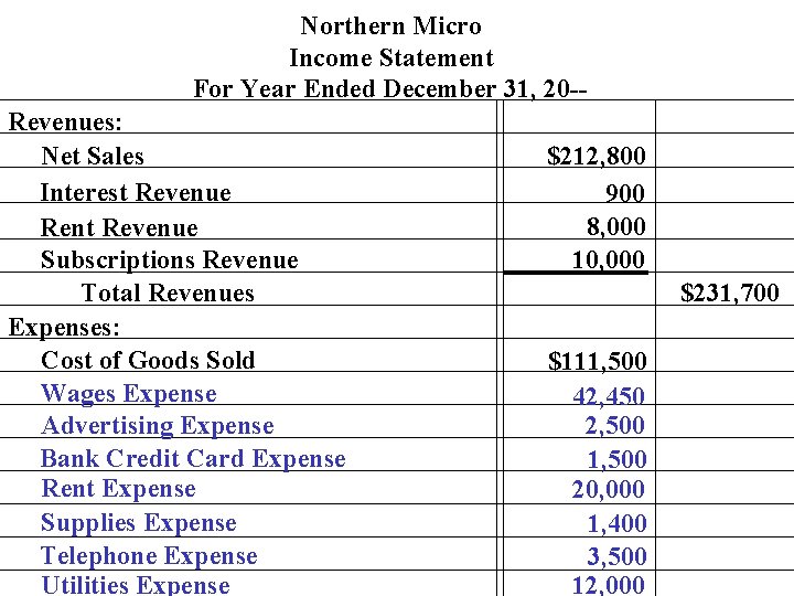 Northern Micro Income Statement For Year Ended December 31, 20 -Revenues: Net Sales Interest