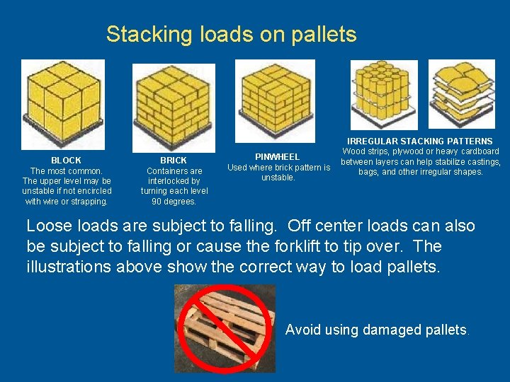 Stacking loads on pallets BLOCK The most common. The upper level may be unstable