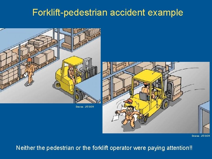 Forklift-pedestrian accident example Source - JICOSH Neither the pedestrian or the forklift operator were