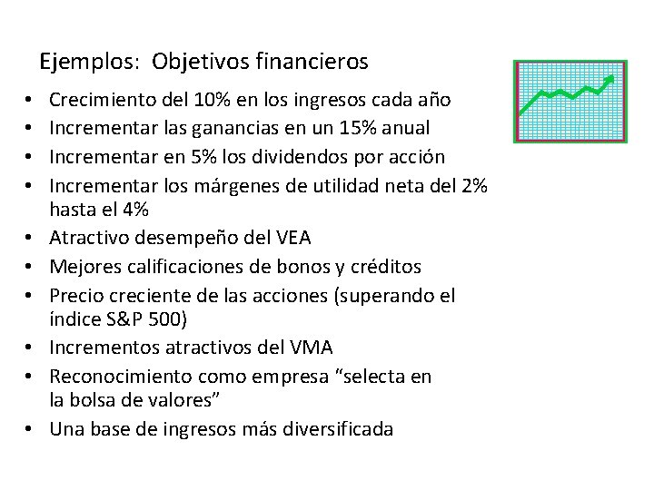 Ejemplos: Objetivos financieros • • • Crecimiento del 10% en los ingresos cada año