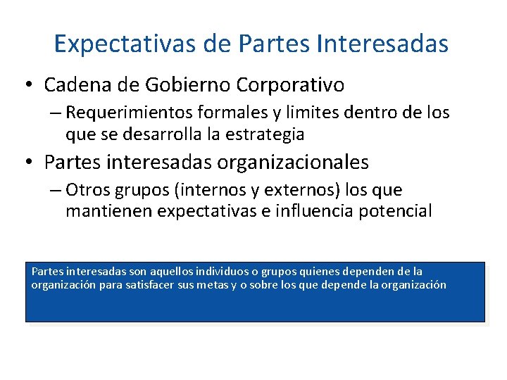 Expectativas de Partes Interesadas • Cadena de Gobierno Corporativo – Requerimientos formales y limites