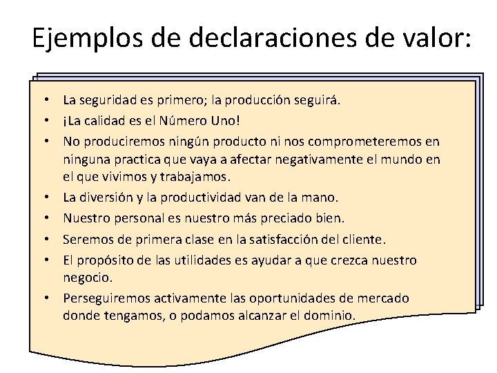 Ejemplos de declaraciones de valor: • La seguridad es primero; la producción seguirá. •