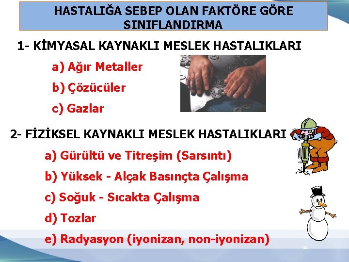 HASTALIĞA SEBEP OLAN FAKTÖRE GÖRE SINIFLANDIRMA 1 - KİMYASAL KAYNAKLI MESLEK HASTALIKLARI: a) Ağır