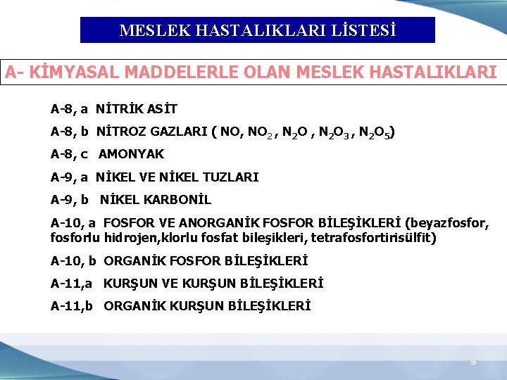 MESLEK HASTALIKLARI LİSTESİ A- KİMYASAL MADDELERLE OLAN MESLEK HASTALIKLARI A-8, a NİTRİK ASİT A-8,