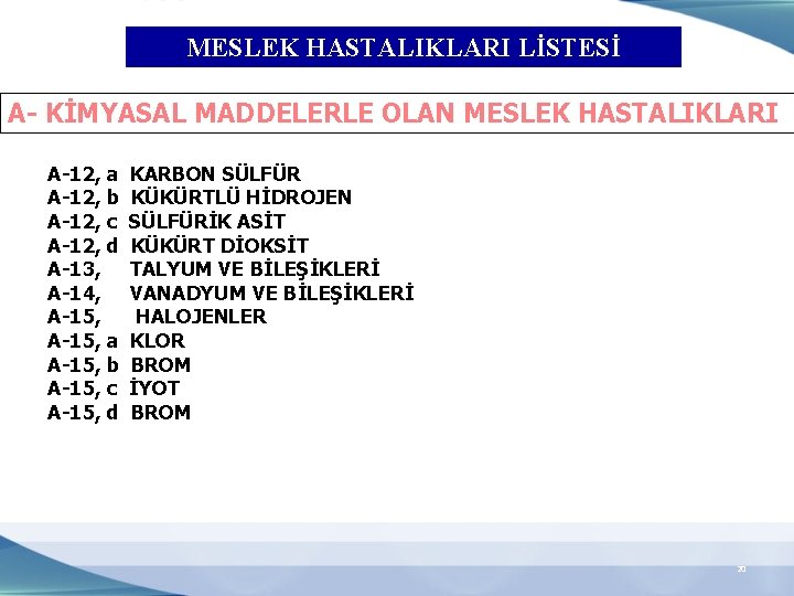 MESLEK HASTALIKLARI LİSTESİ A- KİMYASAL MADDELERLE OLAN MESLEK HASTALIKLARI A-12, a A-12, b A-12,