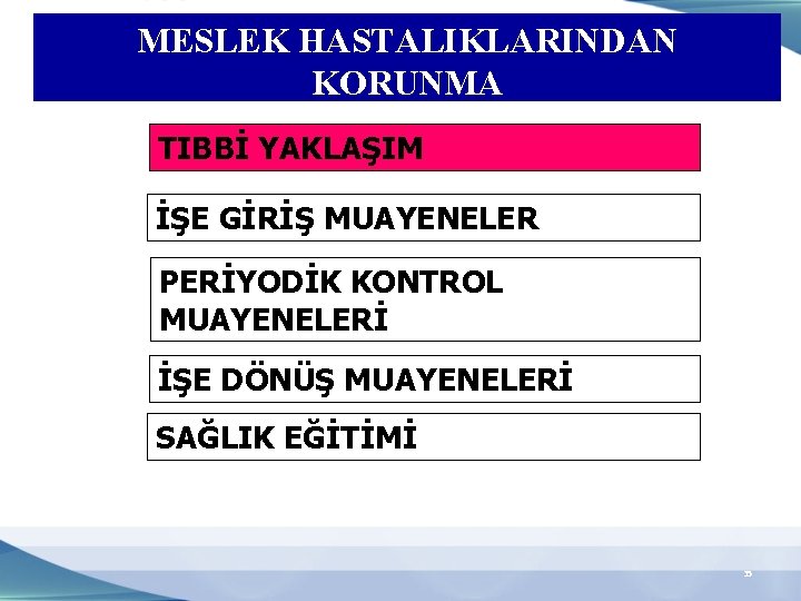 MESLEK HASTALIKLARINDAN KORUNMA TIBBİ YAKLAŞIM İŞE GİRİŞ MUAYENELERİ PERİYODİK KONTROL MUAYENELERİ İŞE DÖNÜŞ MUAYENELERİ