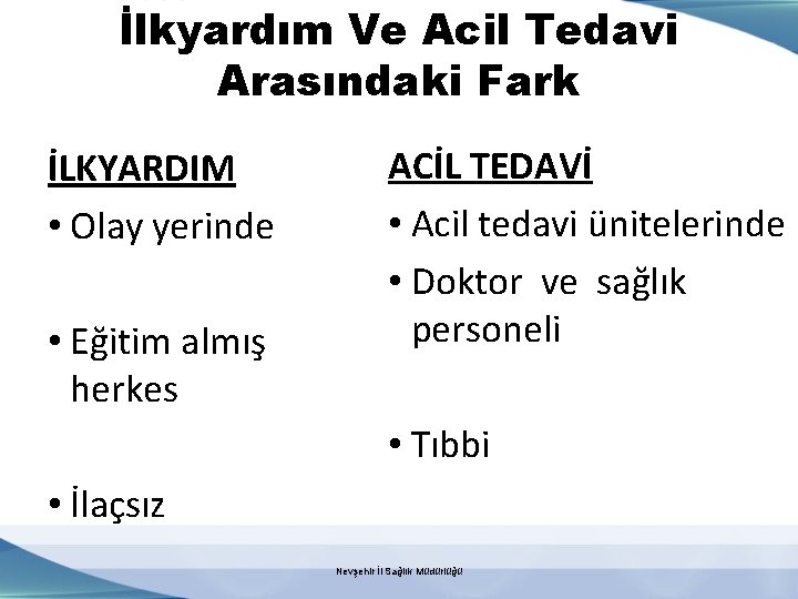 İlkyardım Ve Acil Tedavi Arasındaki Fark İLKYARDIM • Olay yerinde • Eğitim almış herkes