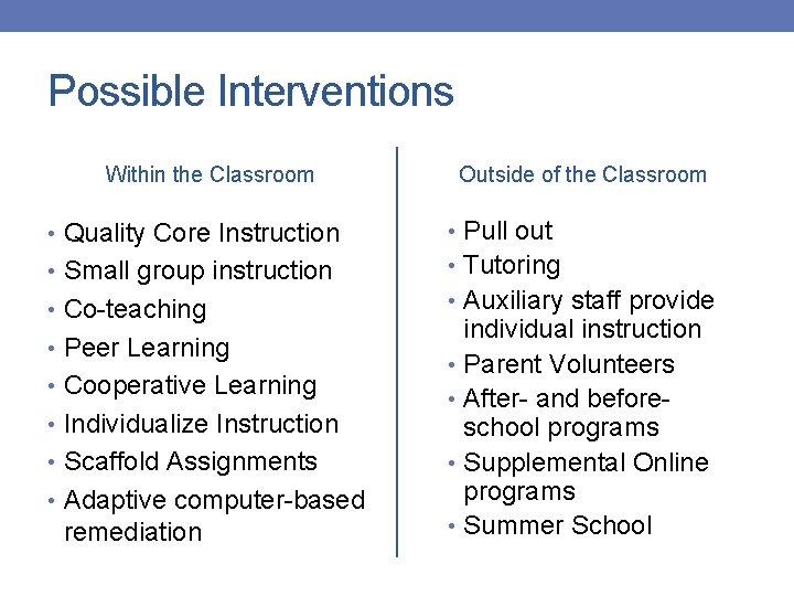 Possible Interventions Within the Classroom Outside of the Classroom • Quality Core Instruction •