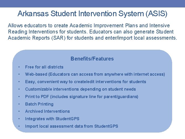 Arkansas Student Intervention System (ASIS) Allows educators to create Academic Improvement Plans and Intensive