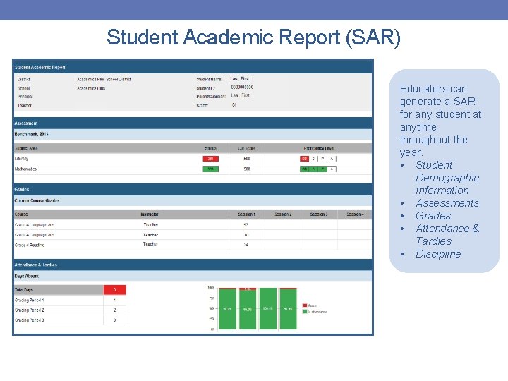 Student Academic Report (SAR) Educators can generate a SAR for any student at anytime