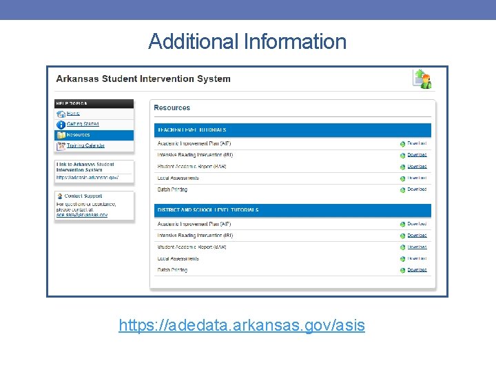 Additional Information https: //adedata. arkansas. gov/asis 