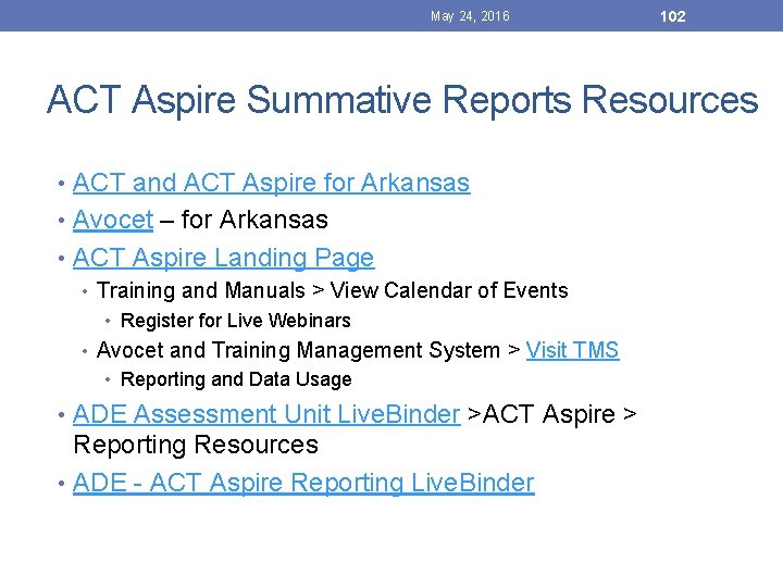 May 24, 2016 102 ACT Aspire Summative Reports Resources • ACT and ACT Aspire