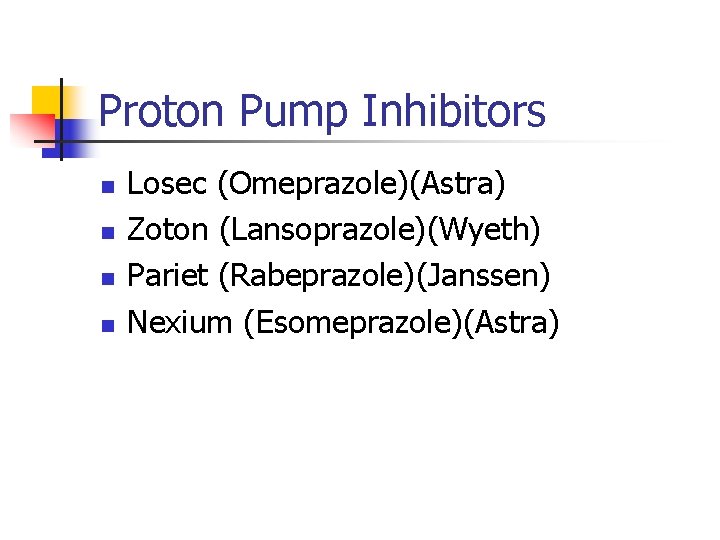 Proton Pump Inhibitors n n Losec (Omeprazole)(Astra) Zoton (Lansoprazole)(Wyeth) Pariet (Rabeprazole)(Janssen) Nexium (Esomeprazole)(Astra) 