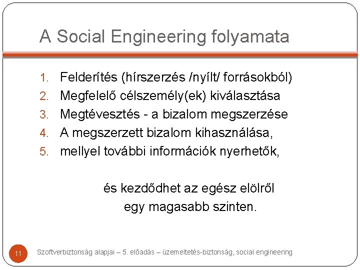 A Social Engineering folyamata 1. Felderítés (hírszerzés /nyílt/ forrásokból) 2. Megfelelő célszemély(ek) kiválasztása 3.