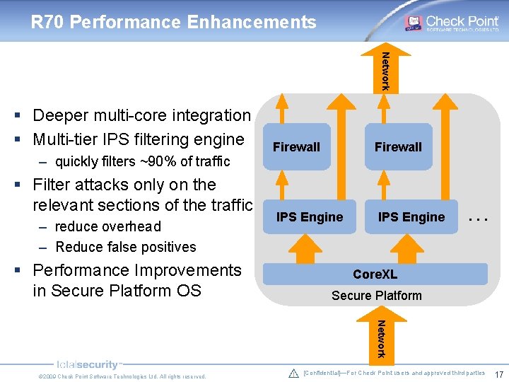 R 70 Performance Enhancements Network § Deeper multi-core integration § Multi-tier IPS filtering engine R 70 Performance Enhancements Network § Deeper multi-core integration § Multi-tier IPS filtering engine
