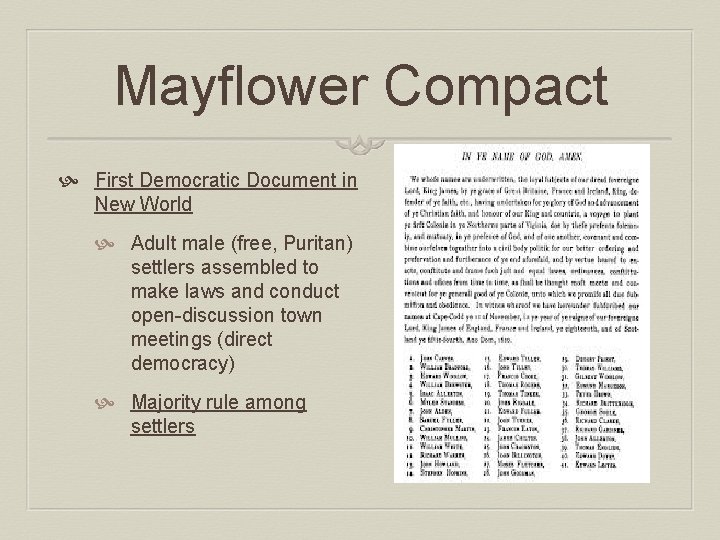 Mayflower Compact First Democratic Document in New World Adult male (free, Puritan) settlers assembled