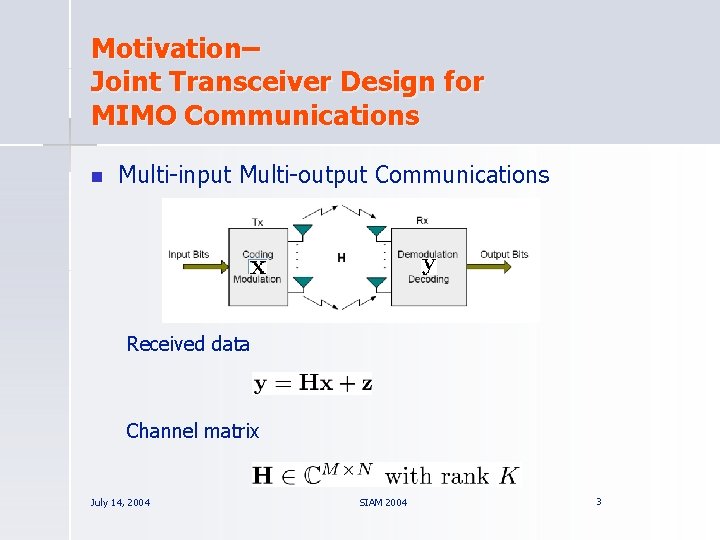 Motivation– Joint Transceiver Design for MIMO Communications n Multi-input Multi-output Communications Received data Channel