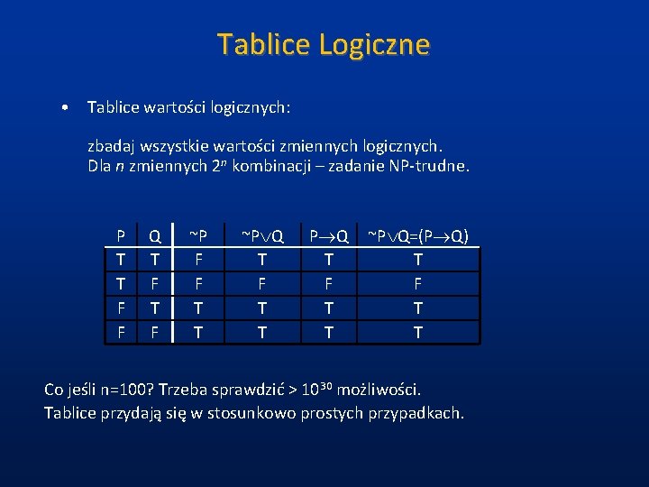 Tablice Logiczne • Tablice wartości logicznych: zbadaj wszystkie wartości zmiennych logicznych. Dla n zmiennych