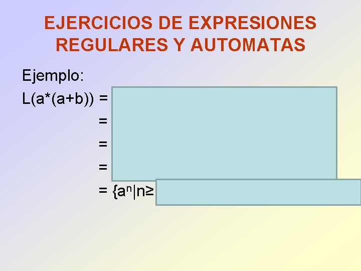 EJERCICIOS DE EXPRESIONES REGULARES Y AUTOMATAS Ejemplo: L(a*(a+b)) = L(a*)L((a+b)) = L(a)*L(a+b) = L(a)*(L(a)UL(b))