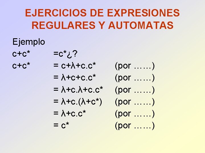 EJERCICIOS DE EXPRESIONES REGULARES Y AUTOMATAS Ejemplo c+c* =c*¿? c+c* = c+λ+c. c* =