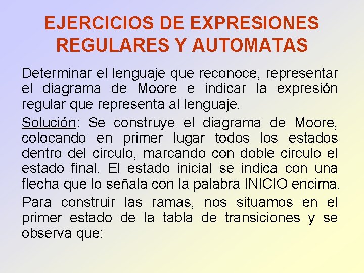 EJERCICIOS DE EXPRESIONES REGULARES Y AUTOMATAS Determinar el lenguaje que reconoce, representar el diagrama