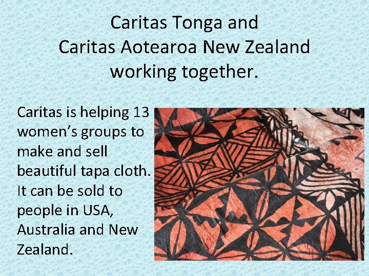 Caritas Tonga and Caritas Aotearoa New Zealand working together. Caritas is helping 13 women’s