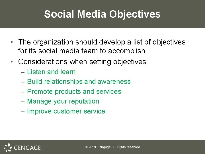 Social Media Objectives • The organization should develop a list of objectives for its