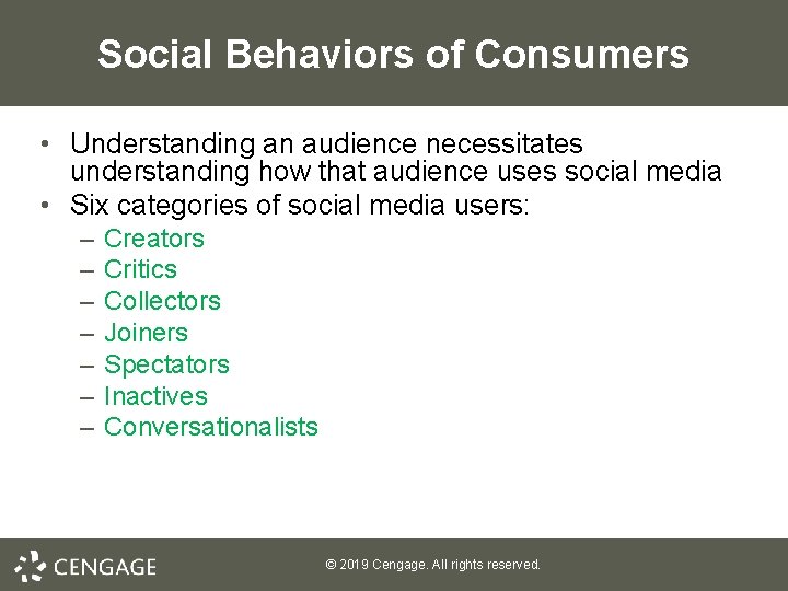 Social Behaviors of Consumers • Understanding an audience necessitates understanding how that audience uses