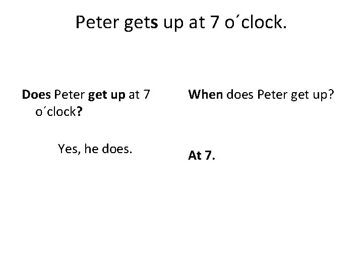 Peter gets up at 7 o´clock. Does Peter get up at 7 o´clock? Yes,