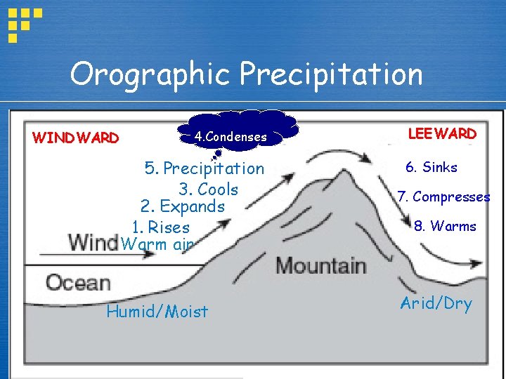 Orographic Precipitation WINDWARD Windward 4. Condenses 5. Precipitation 3. Cools rises 2. Expands 1.