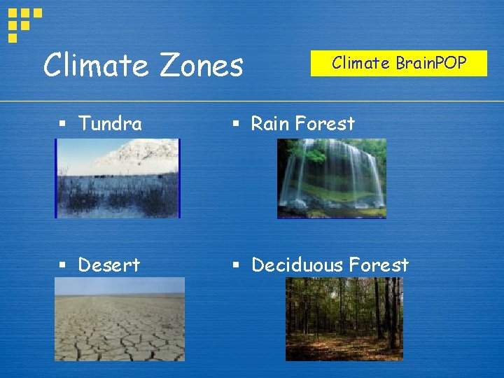 Climate Zones Climate Brain. POP § Tundra § Rain Forest § Desert § Deciduous