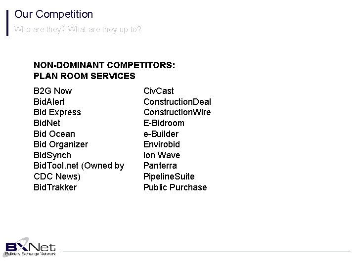 Our Competition Who are they? What are they up to? NON-DOMINANT COMPETITORS: PLAN ROOM