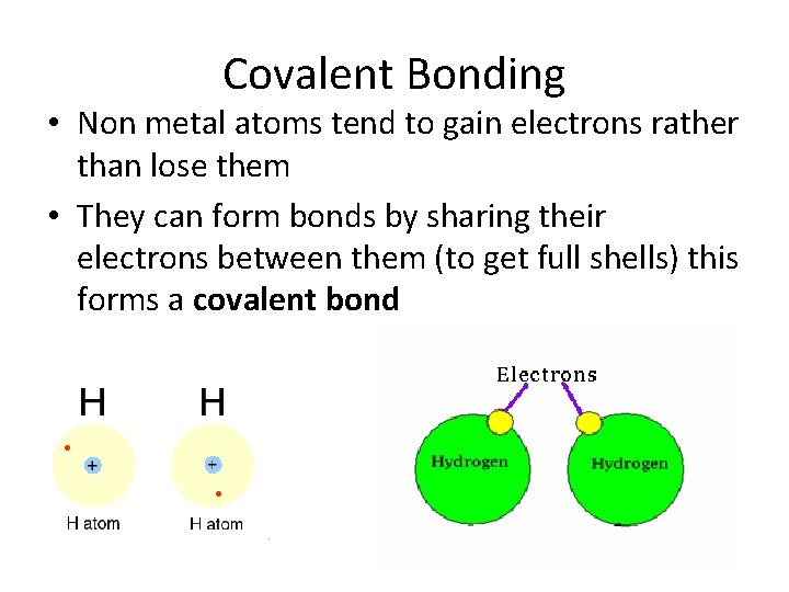Covalent Bonding • Non metal atoms tend to gain electrons rather than lose them Covalent Bonding • Non metal atoms tend to gain electrons rather than lose them
