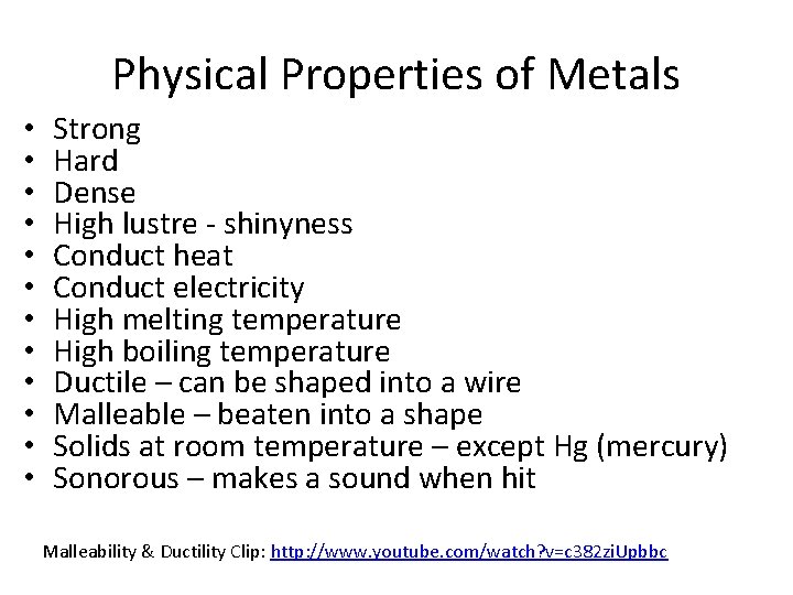 Physical Properties of Metals • • • Strong Hard Dense High lustre - shinyness Physical Properties of Metals • • • Strong Hard Dense High lustre - shinyness