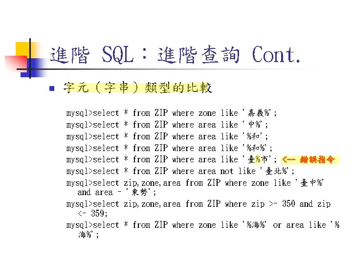 進階 SQL:進階查詢 Cont. n 字元(字串)類型的比較 mysql>select * from ZIP where zone like '嘉義%'; mysql>select 進階 SQL:進階查詢 Cont. n 字元(字串)類型的比較 mysql>select * from ZIP where zone like '嘉義%'; mysql>select