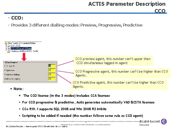 ACTIS Parameter Description CCO • CCO: • Provides 3 different dialling modes: Preview, Progressive,