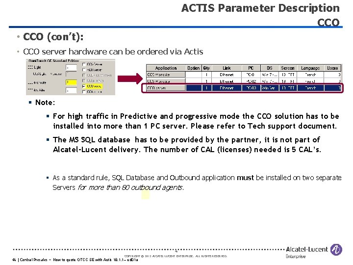 ACTIS Parameter Description CCO • CCO (con’t): • CCO server hardware can be ordered