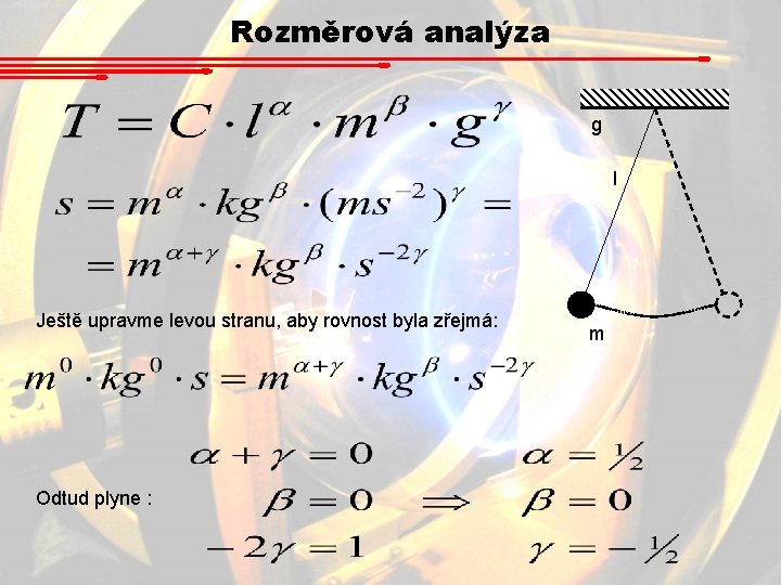 Rozměrová analýza g l Ještě upravme levou stranu, aby rovnost byla zřejmá: Odtud plyne Rozměrová analýza g l Ještě upravme levou stranu, aby rovnost byla zřejmá: Odtud plyne