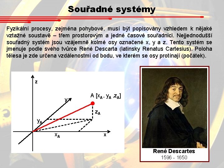 Souřadné systémy Fyzikální procesy, zejména pohybové, musí být popisovány vzhledem k nějaké vztažné soustavě Souřadné systémy Fyzikální procesy, zejména pohybové, musí být popisovány vzhledem k nějaké vztažné soustavě