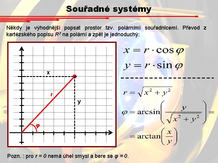 Souřadné systémy Někdy je výhodnější popsat prostor tzv. polárními souřadnicemi. Převod z kartézského popisu Souřadné systémy Někdy je výhodnější popsat prostor tzv. polárními souřadnicemi. Převod z kartézského popisu