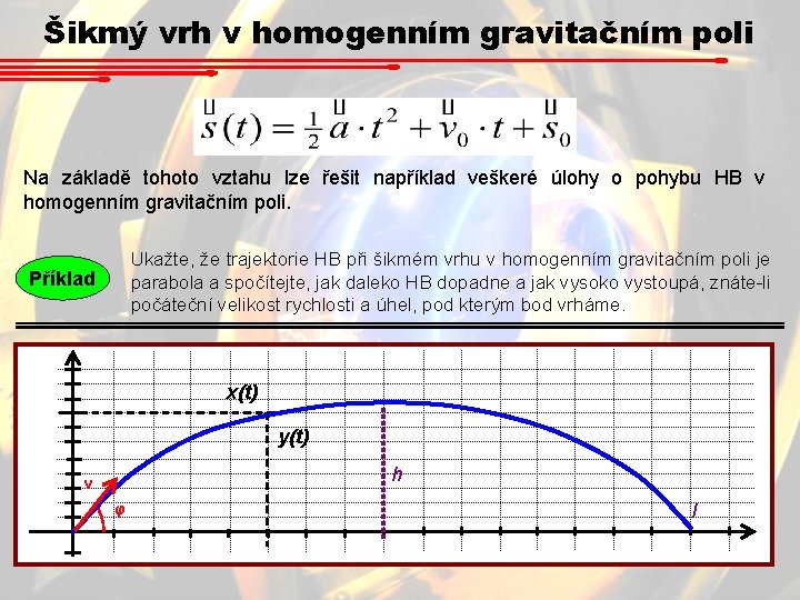Šikmý vrh v homogenním gravitačním poli Na základě tohoto vztahu lze řešit například veškeré Šikmý vrh v homogenním gravitačním poli Na základě tohoto vztahu lze řešit například veškeré