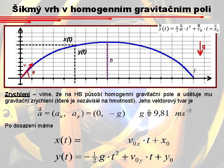 Šikmý vrh v homogenním gravitačním poli x(t) g y(t) h v φ l Zrychlení Šikmý vrh v homogenním gravitačním poli x(t) g y(t) h v φ l Zrychlení