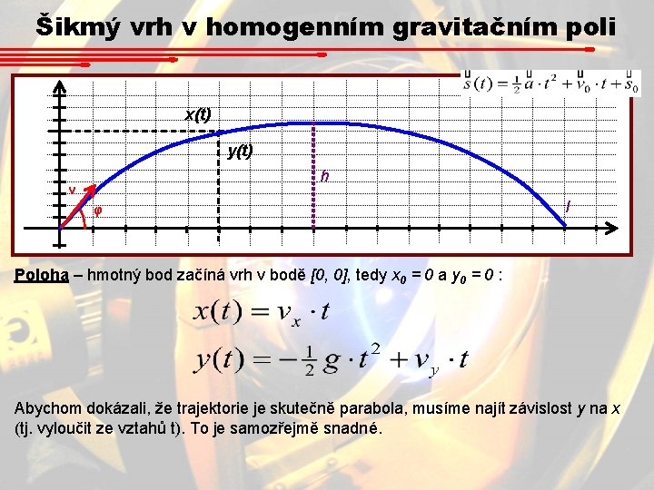 Šikmý vrh v homogenním gravitačním poli x(t) y(t) h v φ l Poloha – Šikmý vrh v homogenním gravitačním poli x(t) y(t) h v φ l Poloha –