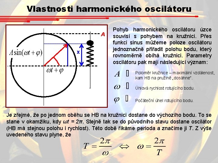 Vlastnosti harmonického oscilátoru A x Pohyb harmonického oscilátoru úzce souvisí s pohybem na kružnici. Vlastnosti harmonického oscilátoru A x Pohyb harmonického oscilátoru úzce souvisí s pohybem na kružnici.