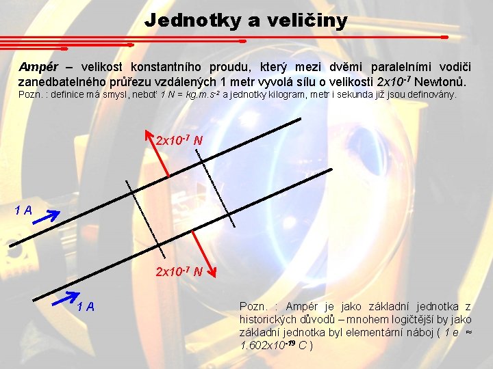 Jednotky a veličiny Ampér – velikost konstantního proudu, který mezi dvěmi paralelními vodiči zanedbatelného Jednotky a veličiny Ampér – velikost konstantního proudu, který mezi dvěmi paralelními vodiči zanedbatelného