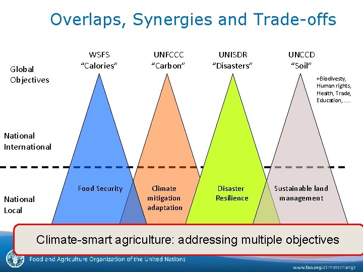 Overlaps, Synergies and Trade-offs International to local divide Global Objectives WSFS “Calories” UNFCCC “Carbon”