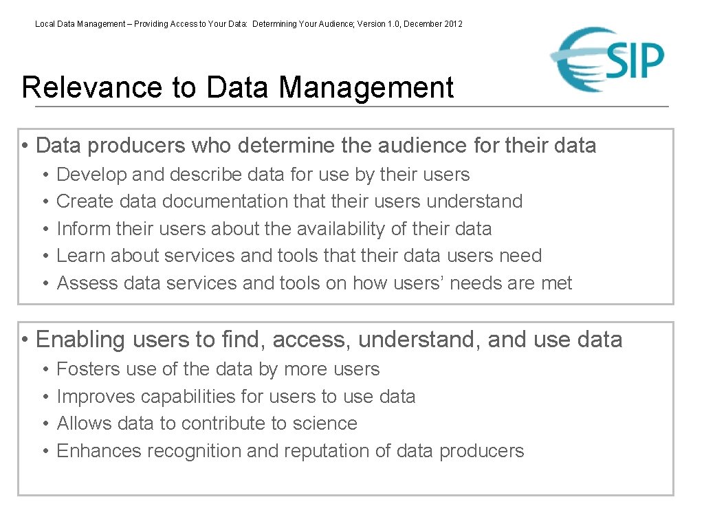 Local Data Management – Providing Access to Your Data: Determining Your Audience; Version 1.